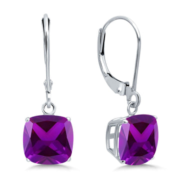 Cushion Cut Bridal Dangling Leverback Earrings Simulated Amethyst CZ 925 Sterling Silver (4mm-8mm)